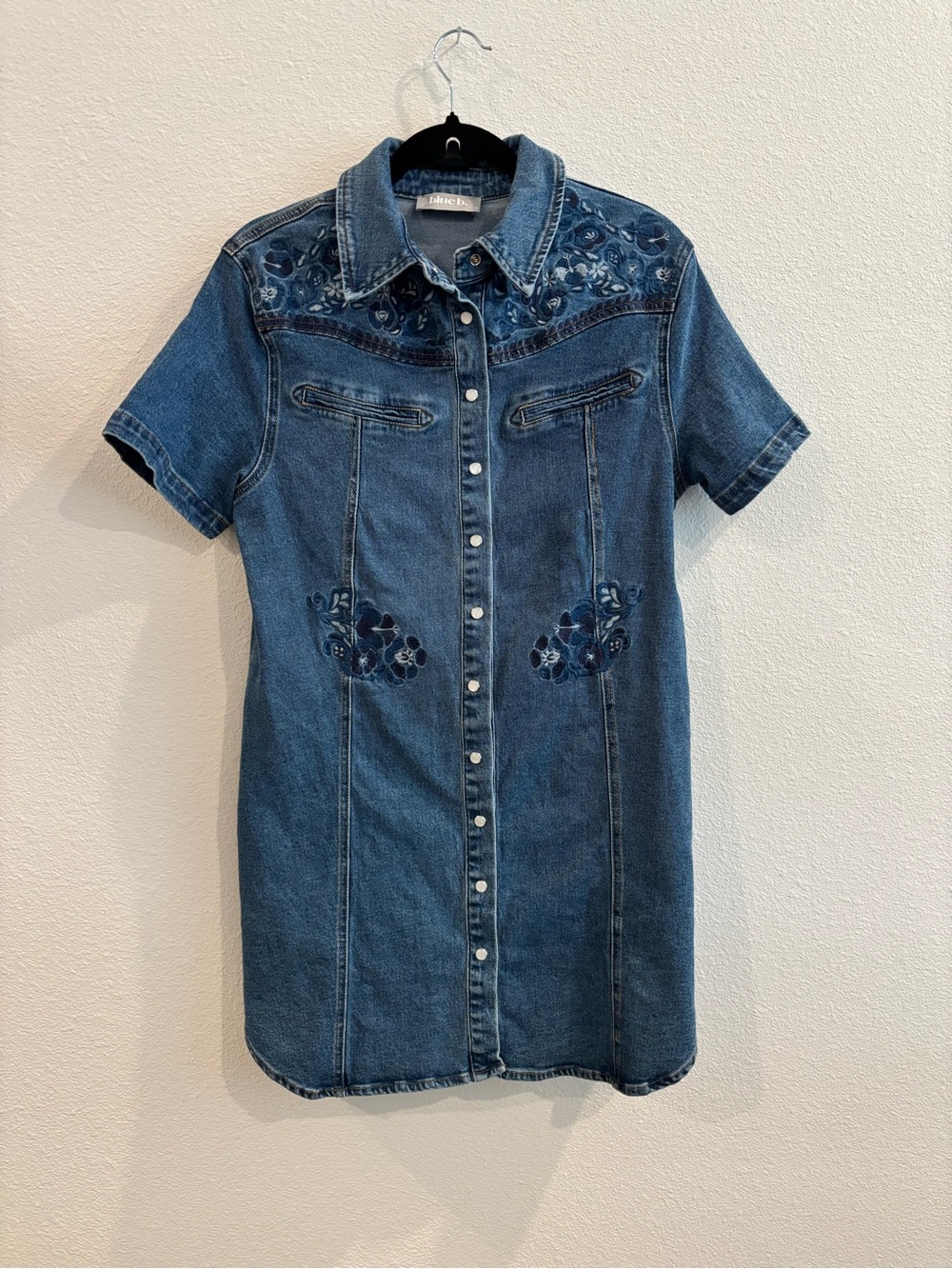 Light Blue Embroidered Denim Mini Dress with Snap Front